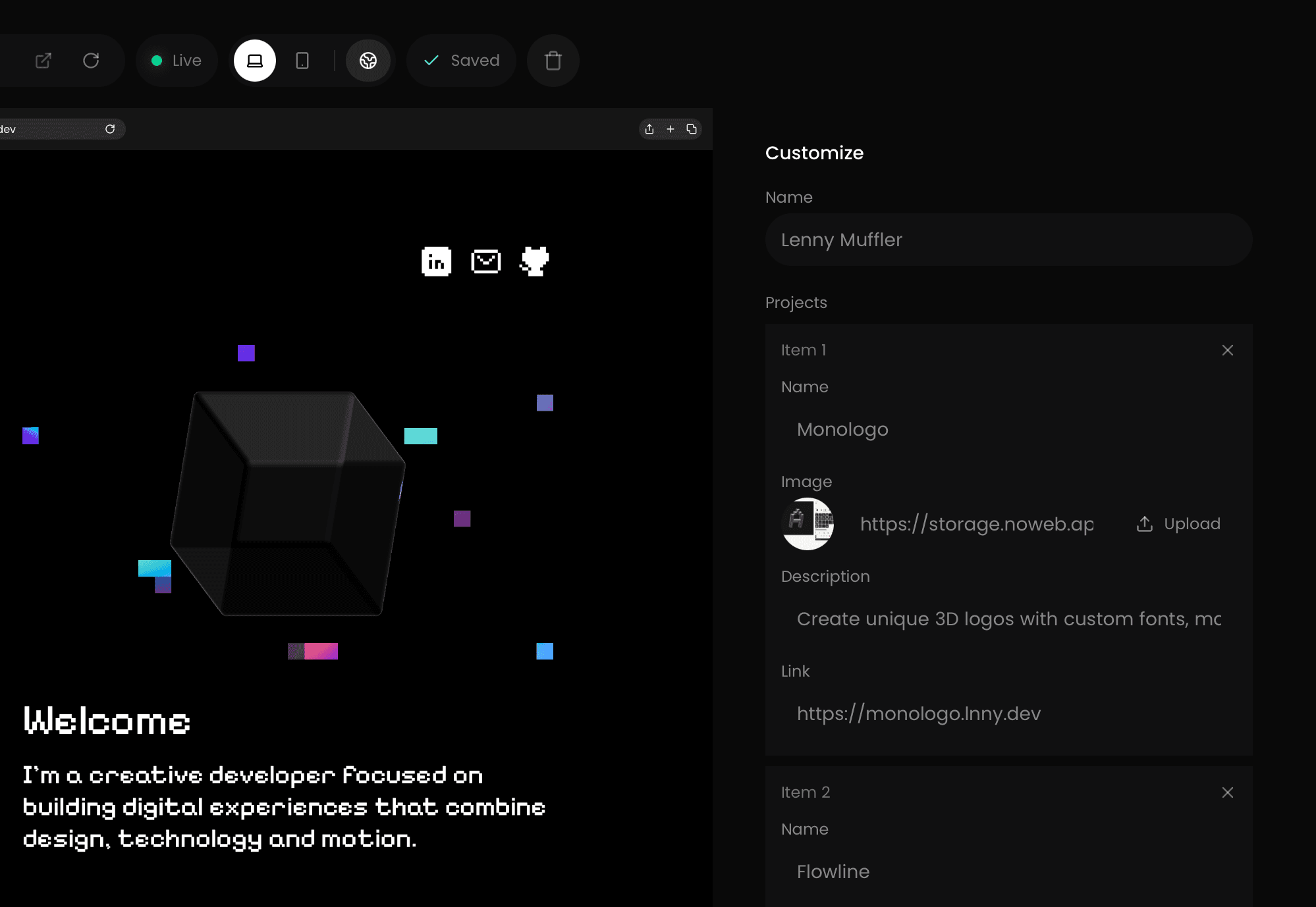 The Noweb editor with fields for images, text and project details