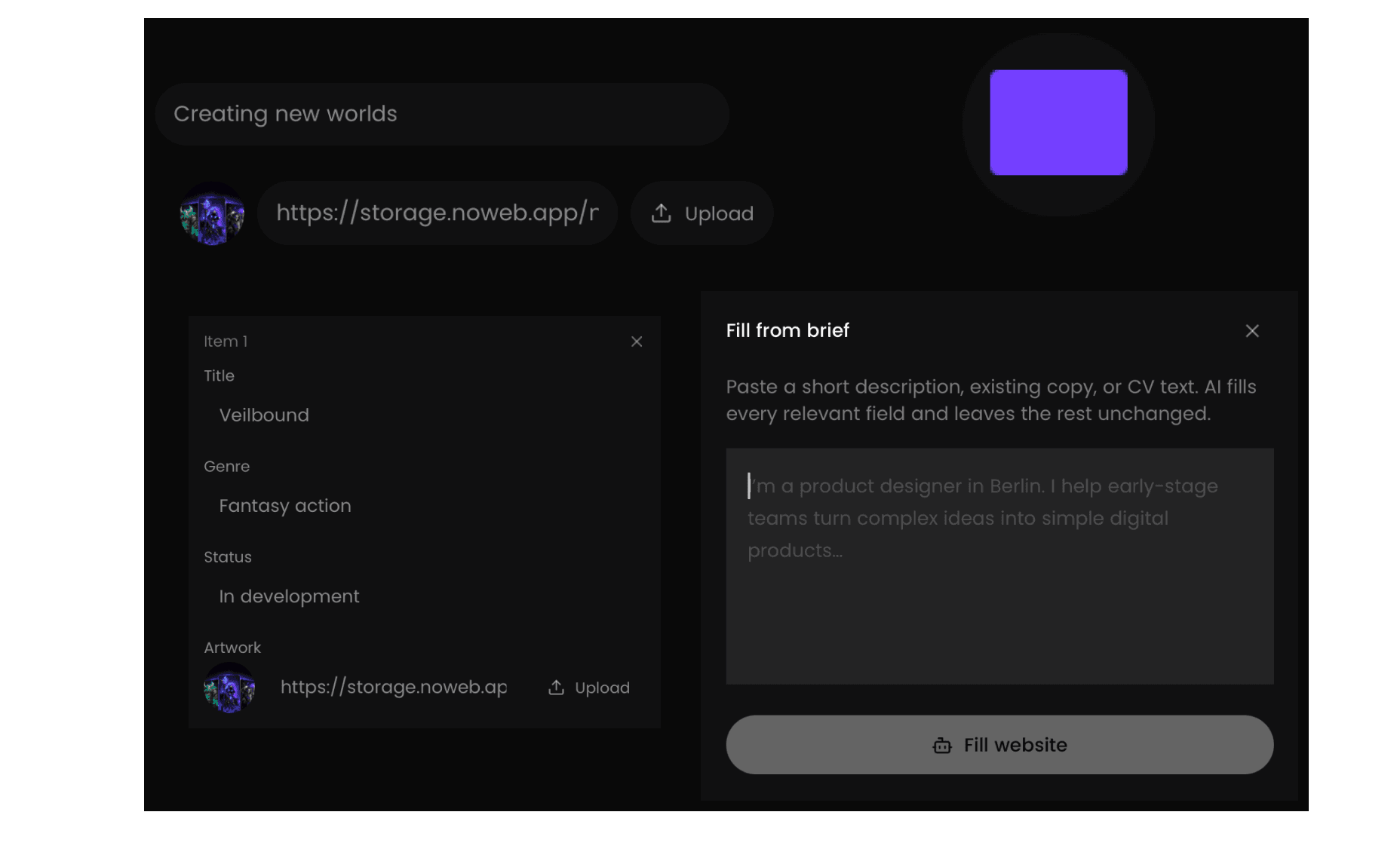 The Noweb editor with fields for images, text and project details